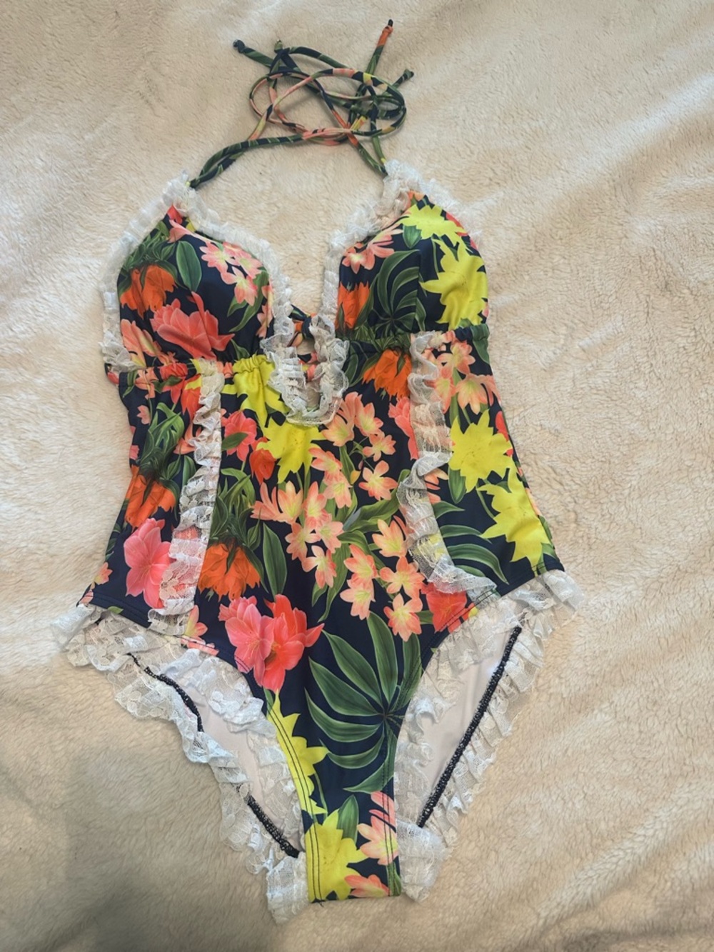 Floral Lace Trim One-Piece Swimsuit - Navy Background